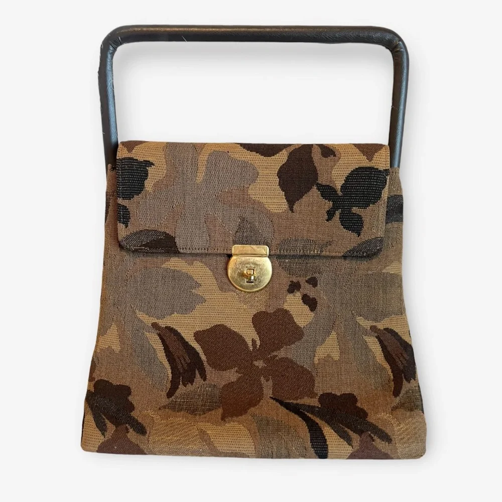 Vintage Camouflage/Floral Print Satchel Handbag Turn Lock Closure